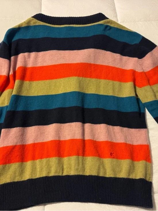 KULE Navy-Trim Striped V-Neck Cardigan in Coral, Teal & Olive - Picture 6 of 15